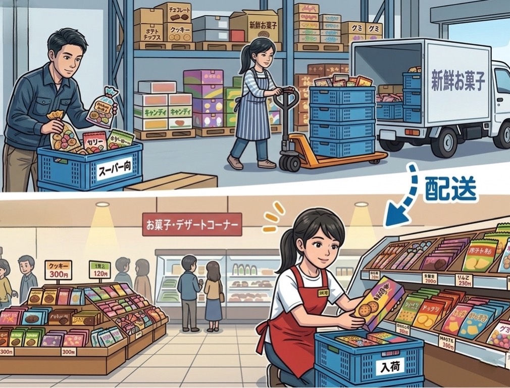 倉庫から売場への物流イメージイラスト